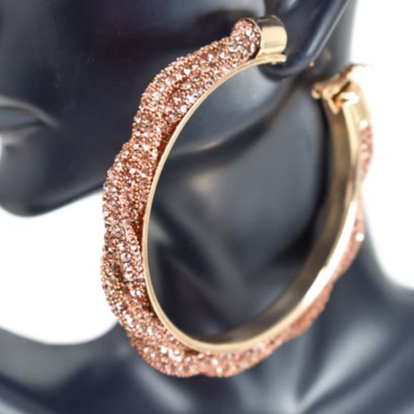 3" Braid Twist Champagne Rhinestone Hoop Earrings - Picture 5 of 12
